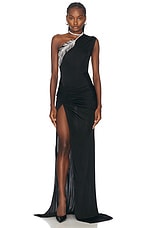 David Koma Crystal Feather One Shoulder Gown in Black & Silver, view 1, click to view large image.