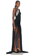 David Koma Crystal Feather One Shoulder Gown in Black & Silver, view 2, click to view large image.