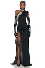 David Koma Crystal Feather One Shoulder Gown in Black & Silver, view 4, click to view large image.