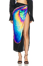 David Koma Oil Stain Printed Open Leg Silk Midi Skirt in Multi, view 1, click to view large image.