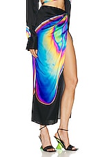 David Koma Oil Stain Printed Open Leg Silk Midi Skirt in Multi, view 2, click to view large image.