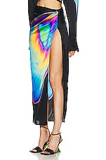 David Koma Oil Stain Printed Open Leg Silk Midi Skirt in Multi, view 3, click to view large image.