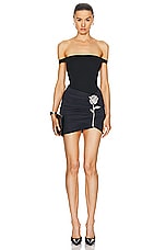 David Koma Crystal Flower Ruched Mini Skirt in Black & Silver, view 5, click to view large image.