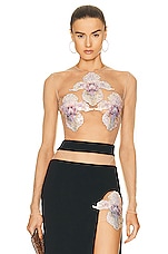 David Koma Triple Crystal Flower Patch Bodysuit in Nude, Multicolor, & Black, view 1, click to view large image.