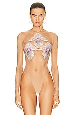 David Koma Triple Crystal Flower Patch Bodysuit in Nude, Multicolor, & Black, view 2, click to view large image.