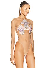 David Koma Triple Crystal Flower Patch Bodysuit in Nude, Multicolor, & Black, view 3, click to view large image.