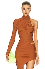 David Koma Ruched Side One Sleeve Bodysuit in Brown, view 1, click to view large image.