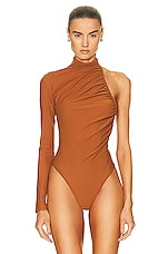 David Koma Ruched Side One Sleeve Bodysuit in Brown, view 2, click to view large image.