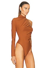 David Koma Ruched Side One Sleeve Bodysuit in Brown, view 3, click to view large image.