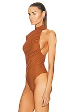 David Koma Ruched Side One Sleeve Bodysuit in Brown, view 4, click to view large image.