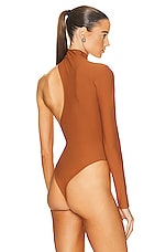 David Koma Ruched Side One Sleeve Bodysuit in Brown, view 5, click to view large image.
