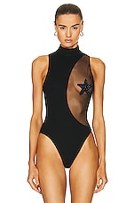 David Koma Crystal &amp; Plexi Starfish Patch Bodysuit in Black, view 2, click to view large image.