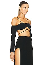 David Koma Off Shoulder Long Sleeve Strap Top in Black, view 2, click to view large image.