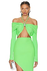 David Koma Crystal Buckle Long Sleeve Knit Top in Neon Green, view 1, click to view large image.