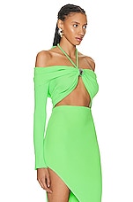 David Koma Crystal Buckle Long Sleeve Knit Top in Neon Green, view 2, click to view large image.