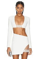 David Koma Chain Square Neckline Long Sleeve Crop Top in White & Silver, view 1, click to view large image.