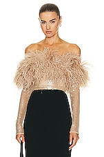 David Koma Feather Trim Sequin Top in Beige, view 1, click to view large image.
