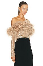David Koma Feather Trim Sequin Top in Beige, view 2, click to view large image.