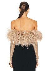 David Koma Feather Trim Sequin Top in Beige, view 3, click to view large image.