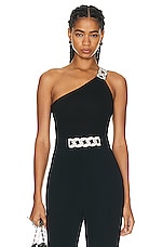 David Koma Crystal Chain One Shoulder Bodysuit in Black & Silver, view 1, click to view large image.
