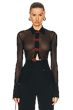 David Koma Crystal Lip Embroidered Mesh Shirt in Black & Red, view 1, click to view large image.
