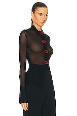 David Koma Crystal Lip Embroidered Mesh Shirt in Black & Red, view 2, click to view large image.