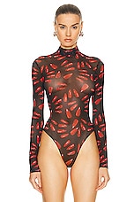 David Koma Nails Print Net Bodysuit in Red & Black, view 2, click to view large image.