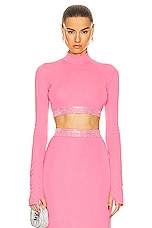 David Koma Crystal Embroidered Long Sleeve Crop Top in Pink, view 1, click to view large image.