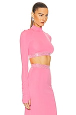 David Koma Crystal Embroidered Long Sleeve Crop Top in Pink, view 2, click to view large image.