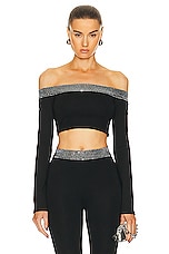 David Koma Crystal Embroidered Long Sleeve Crop Top in Black & Silver, view 1, click to view large image.