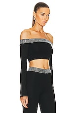 David Koma Crystal Embroidered Long Sleeve Crop Top in Black & Silver, view 2, click to view large image.