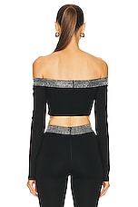 David Koma Crystal Embroidered Long Sleeve Crop Top in Black & Silver, view 3, click to view large image.