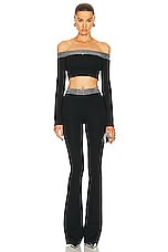 David Koma Crystal Embroidered Long Sleeve Crop Top in Black & Silver, view 4, click to view large image.