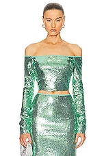 David Koma Long Sleeve Metallic Sequin Top in Metallic Green, view 1, click to view large image.