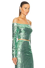 David Koma Long Sleeve Metallic Sequin Top in Metallic Green, view 2, click to view large image.