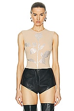 David Koma Crystal Rose Flower Rhinestone Bodysuit in Nude & Silver, view 1, click to view large image.