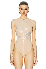 David Koma Crystal Rose Flower Rhinestone Bodysuit in Nude & Silver, view 2, click to view large image.