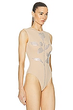 David Koma Crystal Rose Flower Rhinestone Bodysuit in Nude & Silver, view 3, click to view large image.