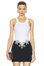 David Koma Payette Flower Brooch Rib Tank Top in White, view 1, click to view large image.