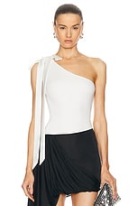 David Koma Satin Bow One Shoulder Bodysuit in White, view 1, click to view large image.