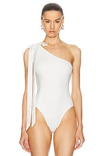 David Koma Satin Bow One Shoulder Bodysuit in White, view 2, click to view large image.