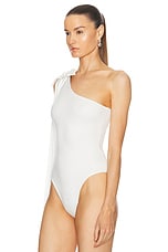 David Koma Satin Bow One Shoulder Bodysuit in White, view 4, click to view large image.