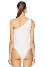 David Koma Satin Bow One Shoulder Bodysuit in White, view 5, click to view large image.