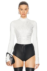 David Koma Rhinestone Feather Long Sleeve Bodysuit in White & Silver, view 1, click to view large image.