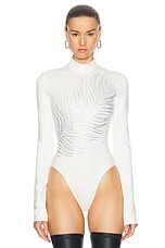 David Koma Rhinestone Feather Long Sleeve Bodysuit in White & Silver, view 2, click to view large image.