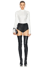 David Koma Rhinestone Feather Long Sleeve Bodysuit in White & Silver, view 5, click to view large image.