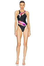 David Koma Fish Print One Piece Swimsuit in Black & Pink, view 1, click to view large image.