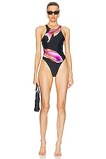 David Koma Fish Print One Piece Swimsuit in Black & Pink, view 4, click to view large image.