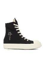 DRKSHDW by Rick Owens High Top Sneaks with Pentagram Embroidery in Black & Pearl, view 1, click to view large image.