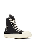 DRKSHDW by Rick Owens High Top Sneaks with Pentagram Embroidery in Black & Pearl, view 2, click to view large image.